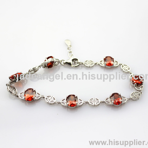 fashion jewelry 925 sterling silver with oval cut red cubic zircon link bracelet