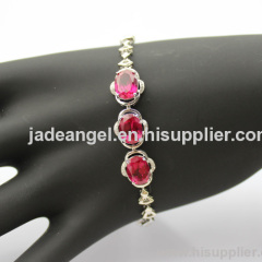 Jade Angel Fashion Jewelry Silver Link Bracelet with 7x9mm Created Ruby and Clear Cubic Zircon