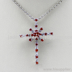 Red Cubic Zirconia Pendant.925 Silver Cross Pendant