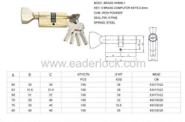 60mm brass cylinder computer keywith knob