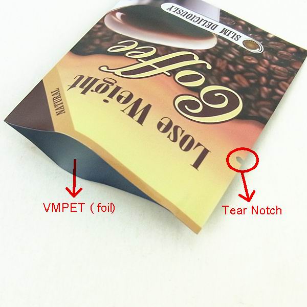 Heat Seal aluminum foil bag with tear notch strip for coffee