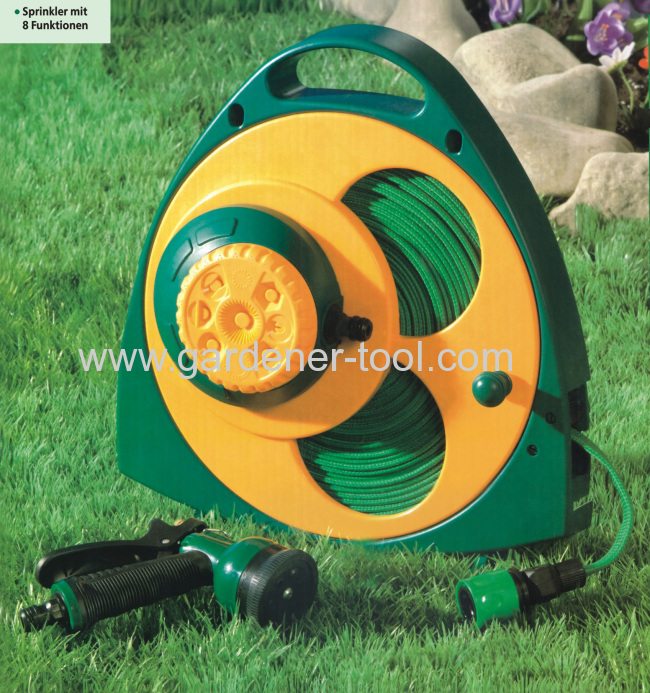 Plastic 15M Flat Hose Reel with plastic nozzle and plastic sprinkler