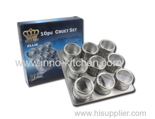 9pcs stainless steel magnetic cruet set & spice jar canister condiment set