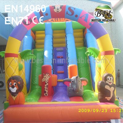 Party Slide Inflatable With Jungle Animal Cartoons For Rental