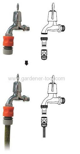 Plastic 3/4 &1female thread tap connector for connecting BSP male bibcock and hose via snap-in quick connector