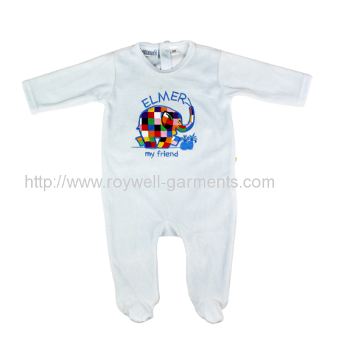 Softer hand feel with polychrome elephant pattern inforont baby jumpsuit