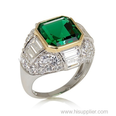 Octagon Simulated Emerald and Channel-Set Baguette Two-Tone Ring