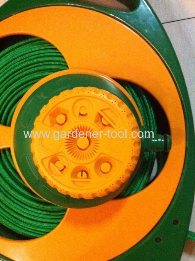 Plastic 15M Flat Hose Reel with plastic nozzle and plastic sprinkler