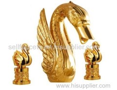 gold finish 3 Pcs ROMAN lavtory sink faucet with swan handles widespread little swan