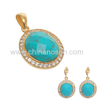 Sterling Silver Turquoise Stone Gold Tone CZ Pendant & Earrings Set