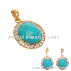 Turquoise Stone Gold Tone CZ Jewelry Set