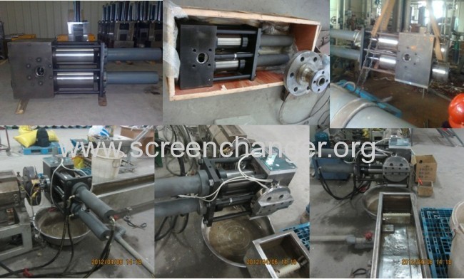 Double piston continuous screen changer for plastic extrusion machine