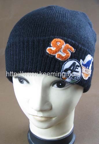 Double layer knitted hat with applique embroidery and towel embroidery