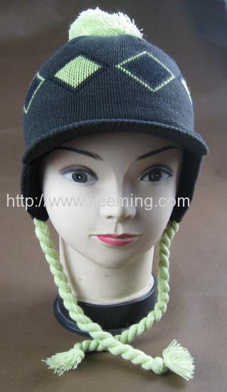 Double layer jacquard knitted hat with visor and fleece lining