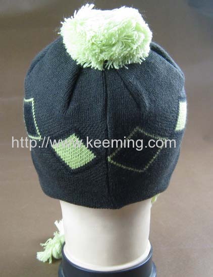 Double layer jacquard knitted hat with visor and fleece lining