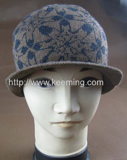 Wollen double layer intarsia jacquard knitted hat with visor 