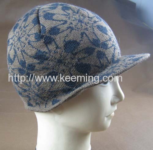 Wollen double layer intarsia jacquard knitted hat with visor