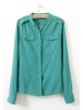 Green Long Sleeve Round Neck Buckle Shoulder Chiffon Blouse