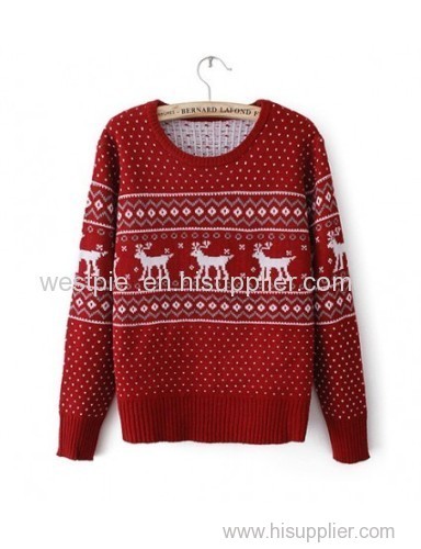 Red Long Sleeve Round Neck Fawn Pullover Sweater