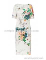 White Short Sleeve Peony and Bird Printed Cheongsam Dress