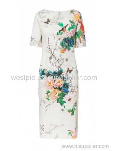 White Short Sleeve Peony and Bird Printed Cheongsam Dress