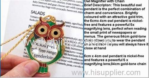 Owl pendant necklace magnifyingglass/magnifying glass owl design, with necklace