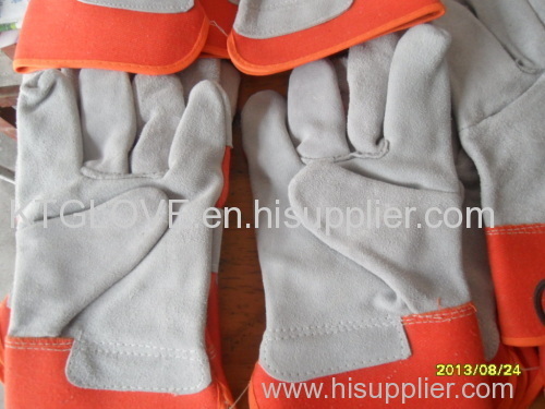 A grade.Cow gsplit leather.Full palm.Working glove.Orange 100% cotton fabric.Half ling