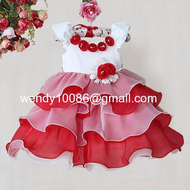 Fashion Brand Baby Girls Christmas Flower Dresses Red Rose Cake Dress Children 2014 New Year Kids Wedding Wear