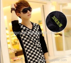 Teenagers v-neck thickening and pile splicing collarless long-sleeved T-shirt