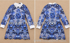 Female blue and white porcelain printing embroidery lapel long sleeve big yards dress