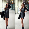 Women pure color long sleeve round collar stitching pencil skirt