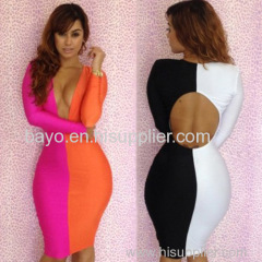 Women sexy splicing bump color dress deep v-neck night dress