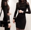 Female net yarn show thin and sexy high quality long sleeve lace collar base package buttocks connect dress skirt