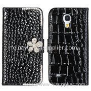 Crocodile Pattern Diamond Flower Magnetic Flip Wallet PC+Leather Case for Samsung I9190 Galaxy S4 Mini(Black)