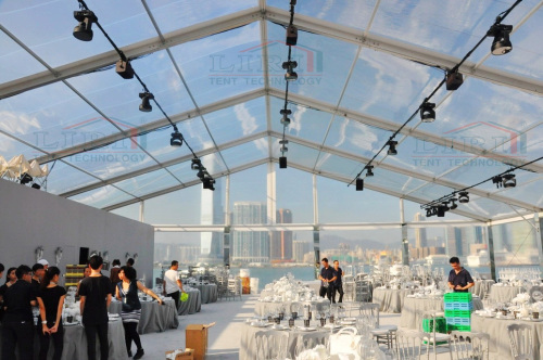 Clear span transparent wedding tent with clear top
