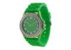 Womens Green Silicone Wristband Watch With Rhinstone , Silk Printed Logo