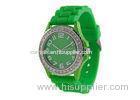 Womens Green Silicone Wristband Watch With Rhinstone , Silk Printed Logo