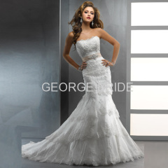 GEORGE BRIDE Vintage slightly dipped neckline slim A-line lace wedding dress with detachable ribbon belt