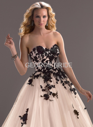 GEORGE BRIDE sweetheart tulle over satin black lace appliquees ball gown detachable belt with handmade flowers