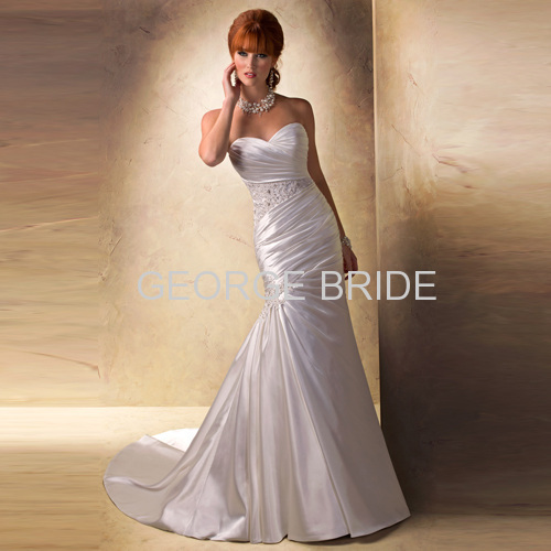 GEORGE BRIDE sweetheart Satin slim A-line asymmetrically draped wedding dress with beaded at waist and hip