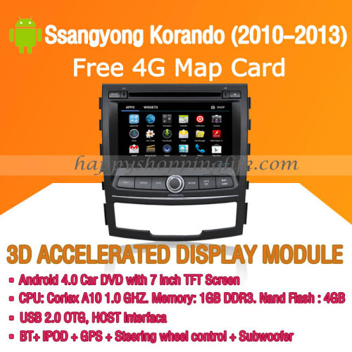 Android Car DVD Player GPS Navigation Wifi 3G for Ssangyong Korando 2010-1013 Bluetooth Touch Screen