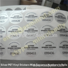 Custom Water Proof Round Matte Silver PET Vinyl Sticker With Sequence Numbers And Company Website For An Russia Customer
