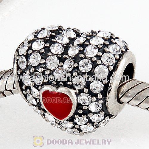 European Sterling Clear Pave Enamel Heart with Clear Austrian Crystal Charm