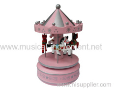 PINK WOODEN CAROUSEL WIND UP SPRING MUSIC BOX