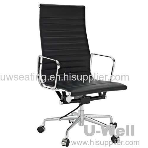 Popular Black Genuine Leather Ribbed High Back Office Chair