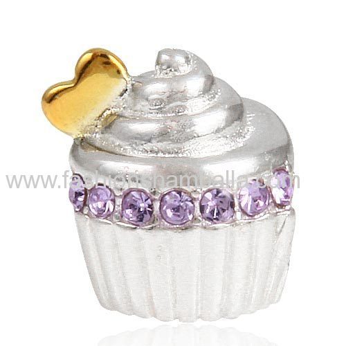 Sterling Silver Golden Heart Cupcake Beads with Clear Austrian Crystal European Style