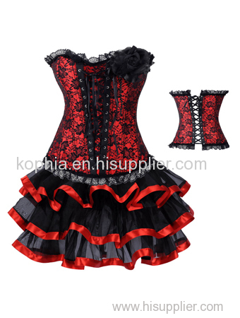 red corsage decorated jacquard corset with skirt