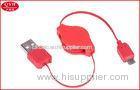 Red Flat PU USB To Micro USB Two Way Retractable Cable 0.8*2.4 mm