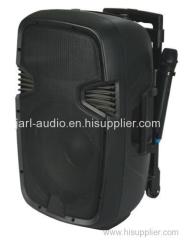15 inch portable battery powered speaker with EQ and dual wireless mics