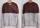 Full Chunky Mens Cable Knit Sweaters in Crew Neck with Coffe Grey Stripes , Two Tone